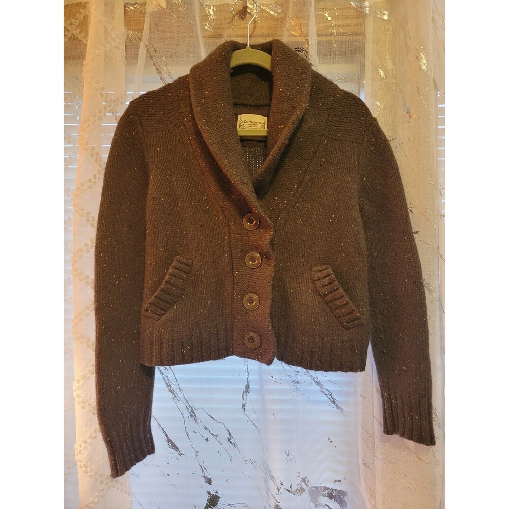 Y2K Cropped Chunky Women Sweater Cardigan Lambs Wool Brown Button Ruff Hewn LG
